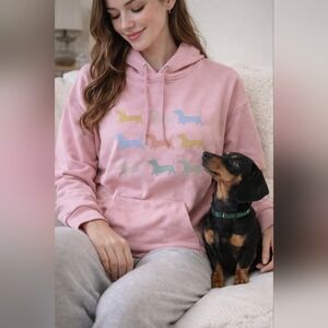 Pink Dachshund Dog Graphic Pullover Hoodie Sweatshirt S Cute Cozy Novelty Print